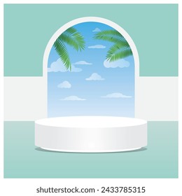 3d white cylinder pedestal podium 1 set with green pastel in arch window and green leaf