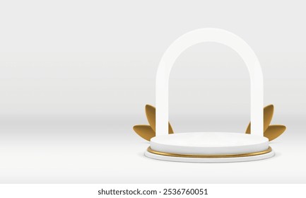 Podio de cilindro blanco 3D con fondo de pared de arco para mostrar Ilustración vectorial realista de lujo. Pedestal elegante ligero con elemento decorativo dorado y arco para la presentación del producto