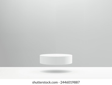 3D white cylinder podium floats in the air on a white floor on gray background. Vector illustration