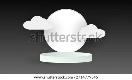 3D white cylinder podium with full moon and paper-cut clouds on dark night background. Minimalist stage for product presentation, Mid-Autumn Festival, or mysterious concept. Elegant vector illustration with soft light and copy space for cosmetics and luxury brands.