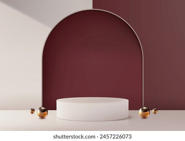 3D white cylinder podium with gold balls accents sits on a red and white wall with an archway, luxury concept, product display, mockup, showroom, showcase. Vector illustration