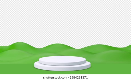 3D white cylinder podium on green nature mountains landscape. Kid product display cylinder stand podium banner. Vector illustration