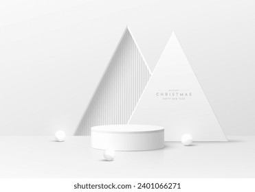 Fondo pedestal de podio del cilindro blanco 3D con puerta triangular y bola de neón. Escena de navidad. Presentación mínima de maquillaje o presentación de producto, escaparate de escenario. Diseño geométrico vectorial de plataformas.