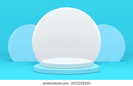 3d white cylinder podium pedestal blue showroom realistic vector illustration. Trendy minimalist advertising showcase geometric display for product show presentation with circle wall background