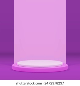 3d white cylinder podium pedestal with purple wall background realistic vector illustration. Trendy violet showroom commercial shopping sale display mock up for cosmetic product show presentation