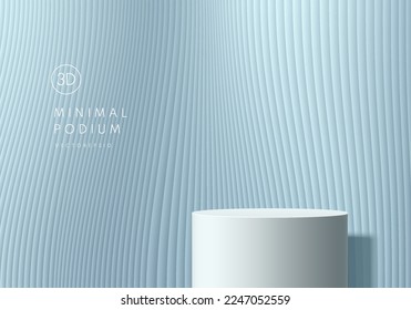 3D white cylinder stand podium with blue vertical pattern curve wave texture background. Minimal wall scene mockup products showcase, Stage for promotion display. Vector abstract geometric forms. 