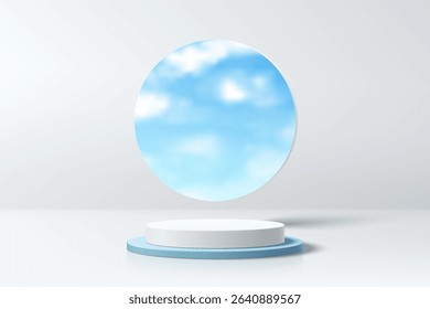3D White cylindrical pedestal podium with cloud blue sky in mirror glass floating air. Vector abstract studio room with geometric platform. Minimalist scene for products showcase, Promotion display.