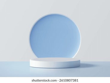 3d white cylindrical pedestal sits on a light blue surface, framed by a soft circle minimal mockup for product display, advertising, or showcase presentations in a clean modern style