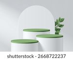 3D white cylindrical podium background with green top, arch backdrop and green leaf. Minimalist mockup pedestal. Abstract stands product display presentation, Stage showcase. Platforms vector design.