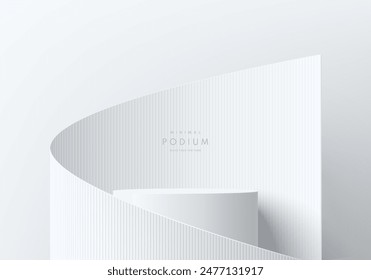 Fondo cilíndrico 3D blanco del podio con la escena de la pared blanca del papel del envoltorio del rollo. Pedestal minimalista de la maqueta 3D, presentación Abstractas de la exhibición del producto, escaparate del escenario. Diseño geométrico de Vector de plataformas.