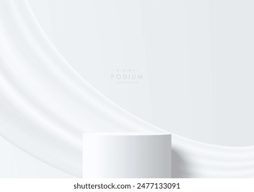 3D weißer zylindrischer Podiumhintergrund mit weißer glatter Vorhang-schwebender Szene. Minimalistisches 3D-Mockup-Sockel, Abstrakte Produktpräsentation, Bühnenvitrine. Geometrisches Design der Vektorgrafik