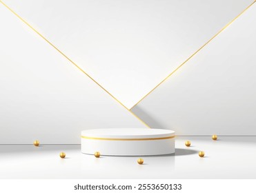 3D white cylindrical podium background with triangles backdrop and golden sphere ball. Minimalist mockup pedestal. Abstract product display presentation, Stage for showcase. Vector platforms design.
