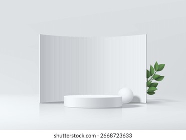 3D white cylindrical podium background with curved wall backdrop and green leaf. Minimalist mockup pedestal. Abstract stands product display presentation, Stage for showcase. Platforms vector design.