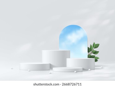 3d White cylindrical podium background with blue sky in mirror glass, Green leaf. Minimalist mockup pedestal. Abstract stands product display presentation, Stage for showcase. Platforms vector design.
