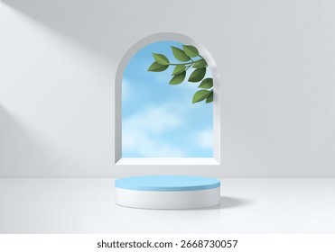 3D White cylindrical podium background with blue sky in arch window wall scene. Minimalist mockup pedestal. Abstract stands product display presentation, Stage for showcase. Platforms vector design.
