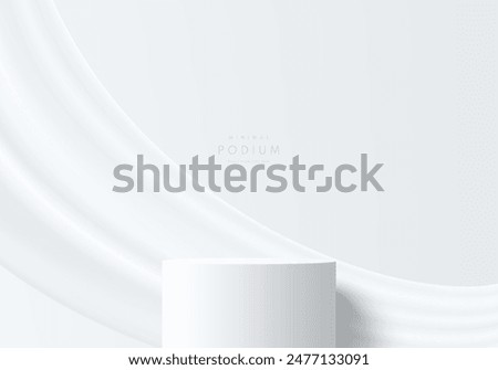 3D white cylindrical podium background with white smooth curtain floating scene. Minimalist 3D mockup pedestal, Abstract product display presentation, Stage showcase. Platforms vector geometric design
