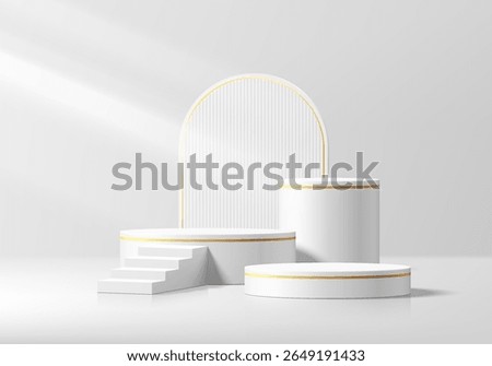 3D white cylindrical podium background with stair and arch backdrop wall scene. Minimalist mockup pedestal abstract stand product display presentation, Stage for showcase. Platforms vector design.