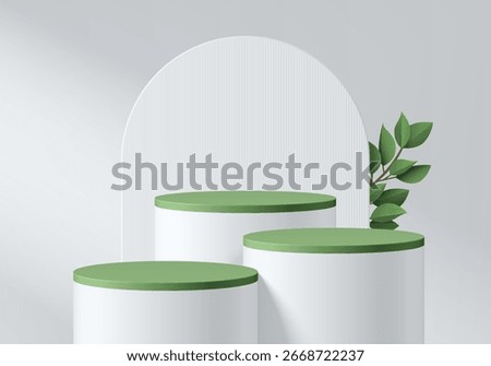 3D white cylindrical podium background with green top, arch backdrop and green leaf. Minimalist mockup pedestal. Abstract stands product display presentation, Stage showcase. Platforms vector design.