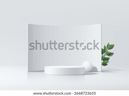 3D white cylindrical podium background with curved wall backdrop and green leaf. Minimalist mockup pedestal. Abstract stands product display presentation, Stage for showcase. Platforms vector design.