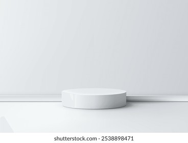 3D white cylindrical podium offers a minimalist space for product display, set against a white floor and wall. Modern mockups, showrooms, and elegant presentations