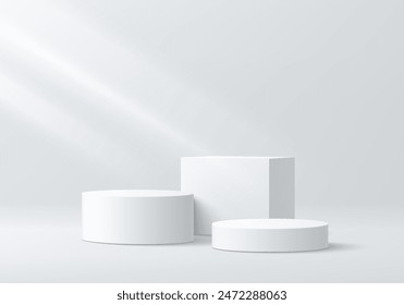 3D white cylindrical podium pedestal background with cube pedestal, Clean empty wall scene. Minimal mockup or abstract product display presentation, Stage showcase. Platforms vector geometric design