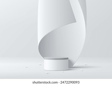 3D white cylindrical podium pedestal background with white roll papercut wall scene. Minimal empty mockup or abstract product display presentation, Stage showcase. Platforms vector geometric design.