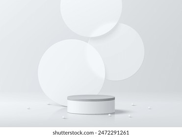 3D white cylindrical podium pedestal background with overlap circles backdrop wall scene. Minimal empty mockup abstract product display presentation, Stage showcase. Platforms vector geometric design.