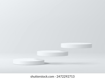 3D weiß zylindrisch Podium Sockel Hintergrund schwimmend auf Luft mit leeren Wand Szene. Minimale leere Mockup- oder abstrakte Produktpräsentation, Bühnenvitrine. In: Platforms Vektorgrafik Geometric Design.