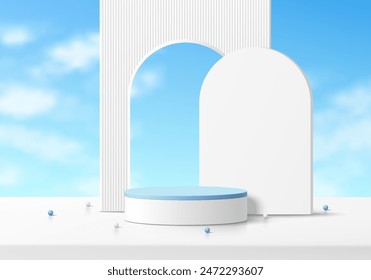 3D white cylindrical podium pedestal background with arch gate and blue sky wall scene. Minimal empty mockup abstract product display presentation, Stage showcase. Platforms vector geometric design.