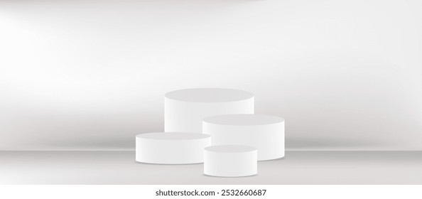 3D white cylindrical podium pedestal. Cylinder geometric pedestals for product presentation. Minimal concept. Vector