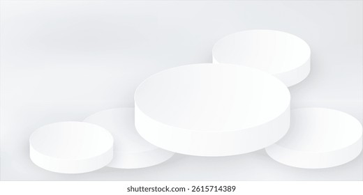 3D white cylindrical podium pedestal background with cube pedestal, Clean empty wall scene. Minimal mockup or abstract product display presentation, Stage showcase.