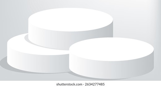 3D white cylindrical podium pedestal background with cube pedestal, Clean empty wall scene. Minimal mockup or abstract product display presentation, Stage showcase. Platforms vector geometric design