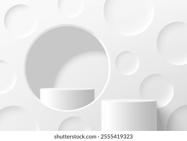 3D white cylindrical podium in round window background with emboss circles wall scene. Minimalist mockup pedestal. Abstract stand product display presentation, Stage showcase. Vector platforms design.