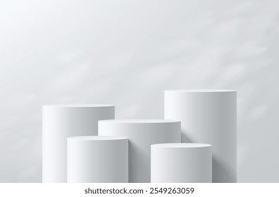 3D white cylindrical podium set with leaf shadow overlay wall background. Minimalist mockup pedestal, Abstract cosmetic product display presentation, Stage showcase. Platforms vector geometric design.