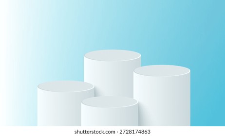 3D weißes zylindrisches Podium mit Himmelhintergrund. Minimalistisches Sockel- oder Demonstrationsbühnenlayout
