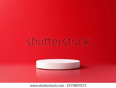 3D white cylindrical podium stands against a vibrant red backdrop, creating a bold and minimalist scene. Ideal for product displays, presentations, and modern showcase concepts