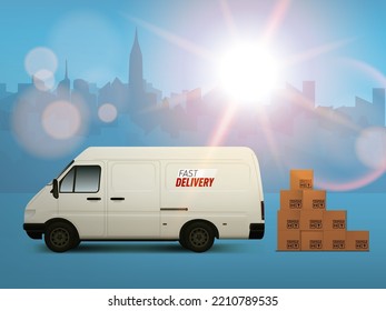 3D White Delivery Van With Cardboard Boxes Behind It. EPS10 Vector