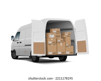 3D White Delivery Van Full Of Boxes. EPS10 Vector