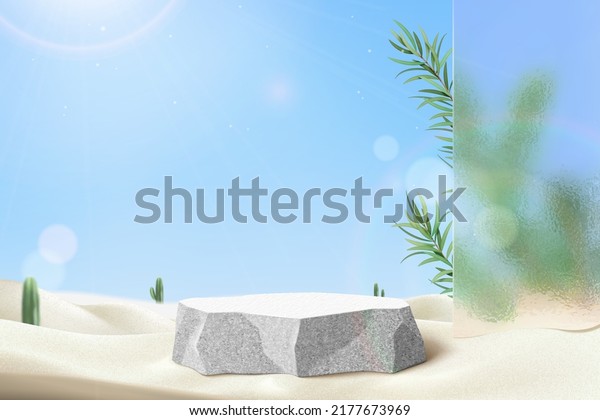 3d white desert scene design with product display
podium. Sandstone stage stands on the sand with glass wall and
ethereal tea tree leaves.