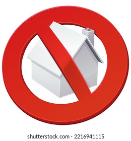3D-weißes Einfamilienhaus mit rotem kreisförmigem Symbol (ausgeschnitten)
