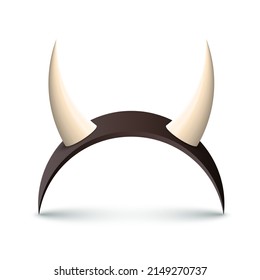3d white devil horns on black headband, devilish scary monster decor vector illustration. Realistic infernal fantasy tiara for hair with shadow, demon hoop for carnival isolated on white background
