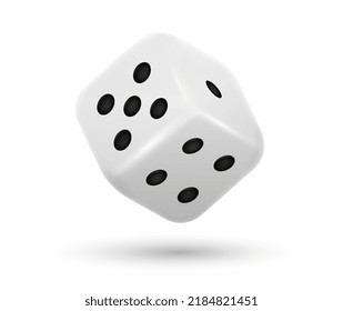 3D white dice. Inventory for games of luck and excitement. Poster or banner for website. Render of cubic object with shadow for online lotteries. Realistic three dimension vector illustration