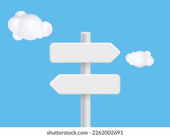 3d white directions sign with clouds on blue background. realistic 3d vector illustration.