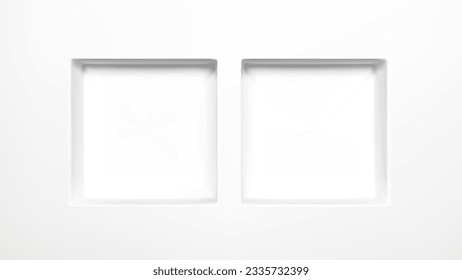 3d white double square shelf with niche box display. Museum showcase with rack vector background. Two bookshelf in cube hole frame for store showroom or exhibition advertisement mockup design.
