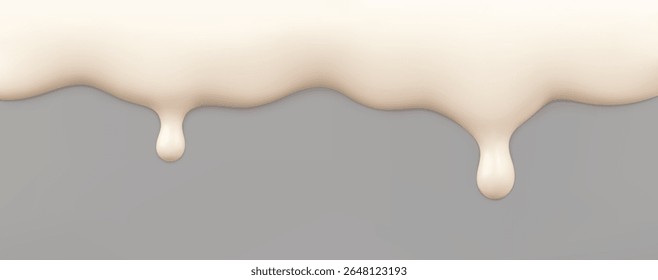 3D white dripping vanilla glaze border isolated on a gray background. Realistic soft liquid texture cream, lotion, yoghurt or melting ice cream, condensed milk, nail polish, slime, or icing. 3D vector