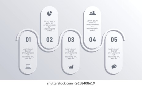 3D White Effect Business Timeline Infographic – Elegant White 5 Step Process with Abstract and Chrome Design Elements