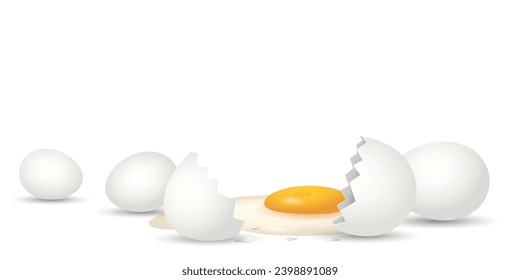 Huevos blancos 3D y huevo medio roto con yema en la ilustración vectorial de fondo blanco. La plantilla de concepto de alimento natural, saludable, proteína, cocina, ingrediente y producto orgánico tiene espacio en blanco.