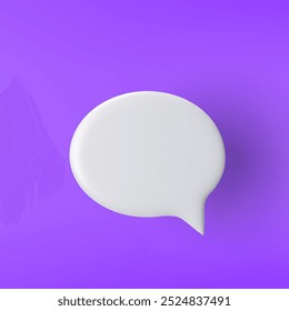 Icono de la burbuja del discurso de la elipse blanca 3D en un fondo púrpura.