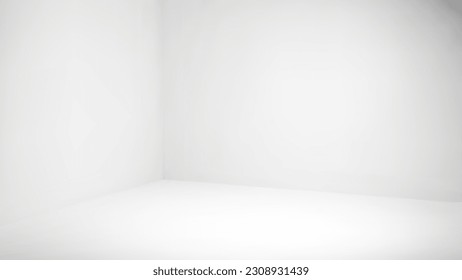 3d white empty corner studio room vector background. Perspective floor and wall abstract product display blank lightbox illustration. Cube photostudio interior platform space view banner template