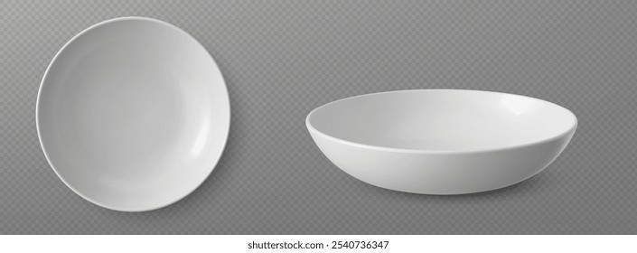 3d white empty plate for soup. Ceramic bowl vector. Realistic round porcelain salad serving tableware mockup for restaurant. Clean crockery isolated on transparent background. Deep glass dinnerware